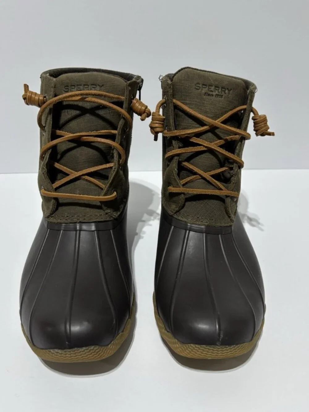 Sperry Women’s Saltwater Brown/Olive Waterproof Duck Boots, Size 9 M